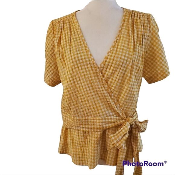 Max Studio Yellow Checker wrap blouse L - Picture 2 of 14